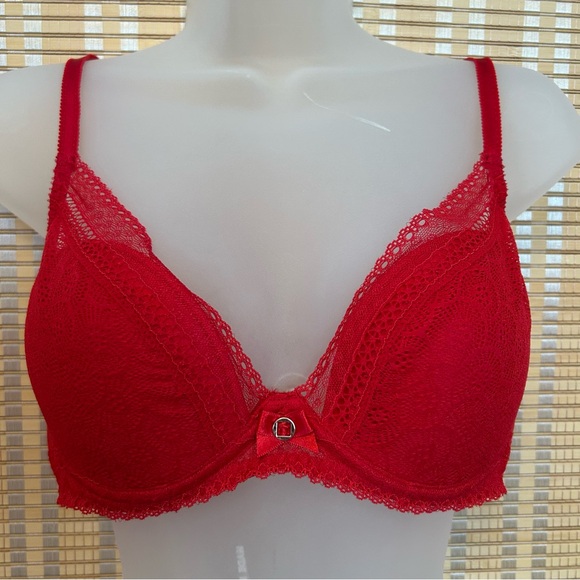 Chantelle Festivite Bra 36B Beige Red  Underwire Plunge Lace - Picture 1 of 4